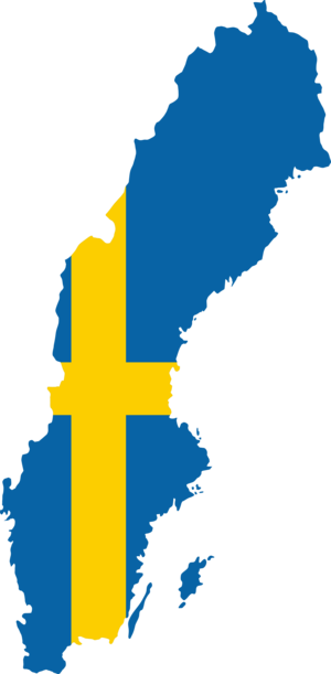 Die Grafik zeigt die Silhuette von Schweden mit der blau-weißen Flagge farbig gefüllt.