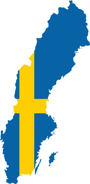 Die Grafik zeigt die Silhuette von Schweden mit der blau-weißen Flagge farbig gefüllt.