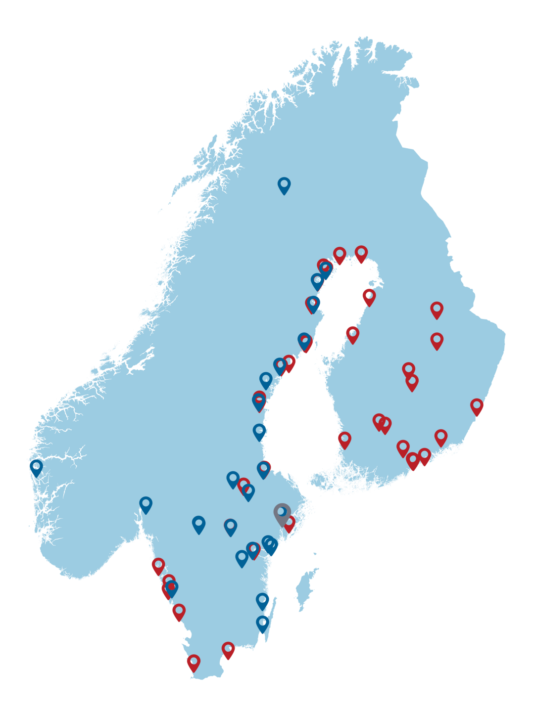 Die Karte zeigt die Standorte der RMS-Gruppe in Skandinavien in den Bereichen Gerüstbau und Industriereinigung